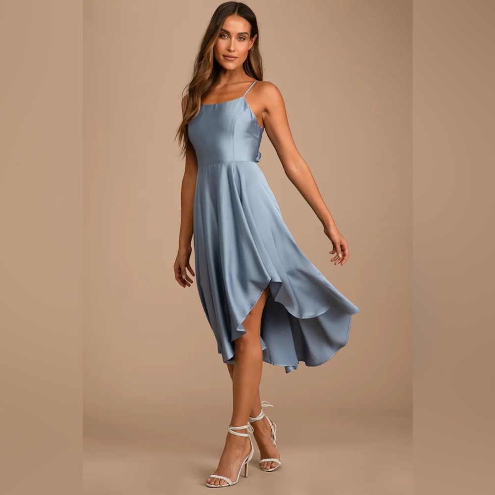 Lulus Days Like Today Blue Satin Asymmetrical Tie-Back Midi
Dress New